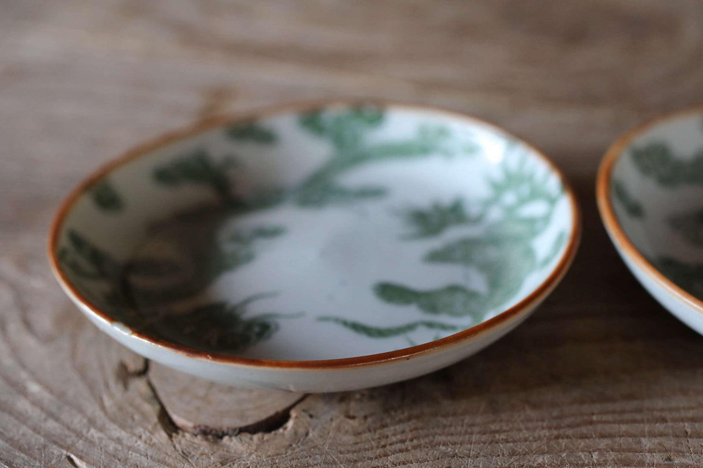 A white ceramic bowl with a green floral pattern sits on a wooden surface.
