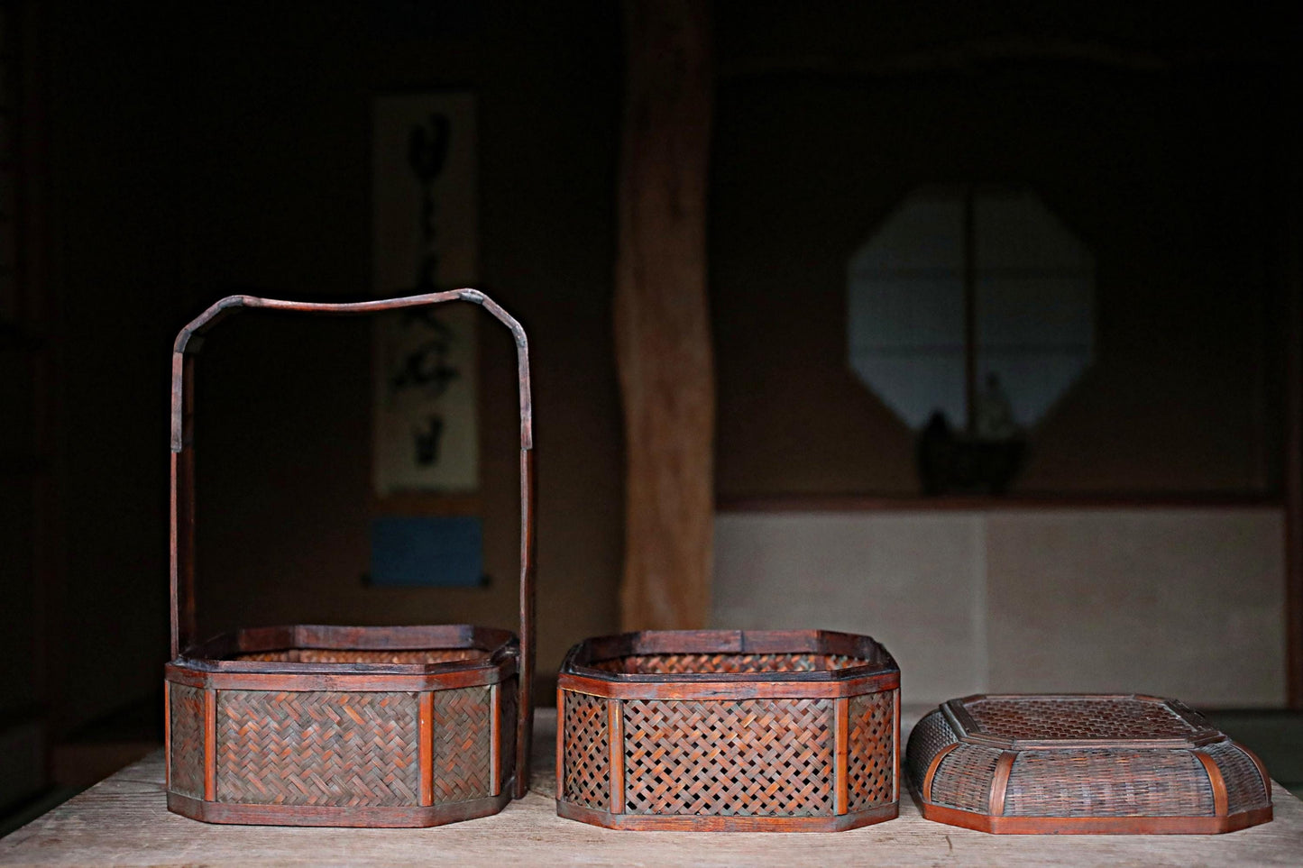 Vintage Bamboo Basket | Japanese Antique Basket, Woven Bamboo Box & Traditional Tea Carrier