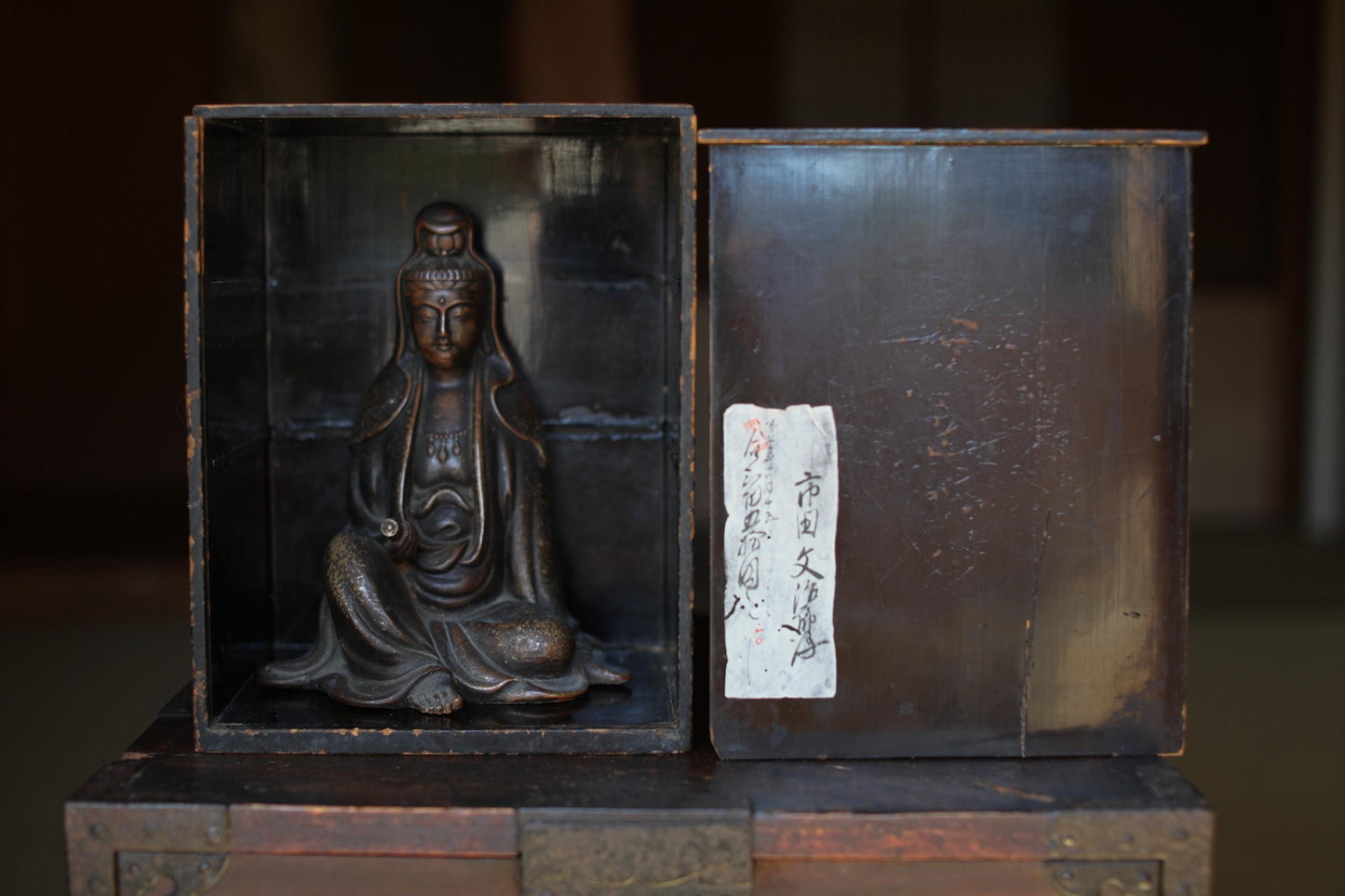 Antique Bizen Kannon Statue – 1800s Japanese Ceramic Figurine With Wooden Box Gift