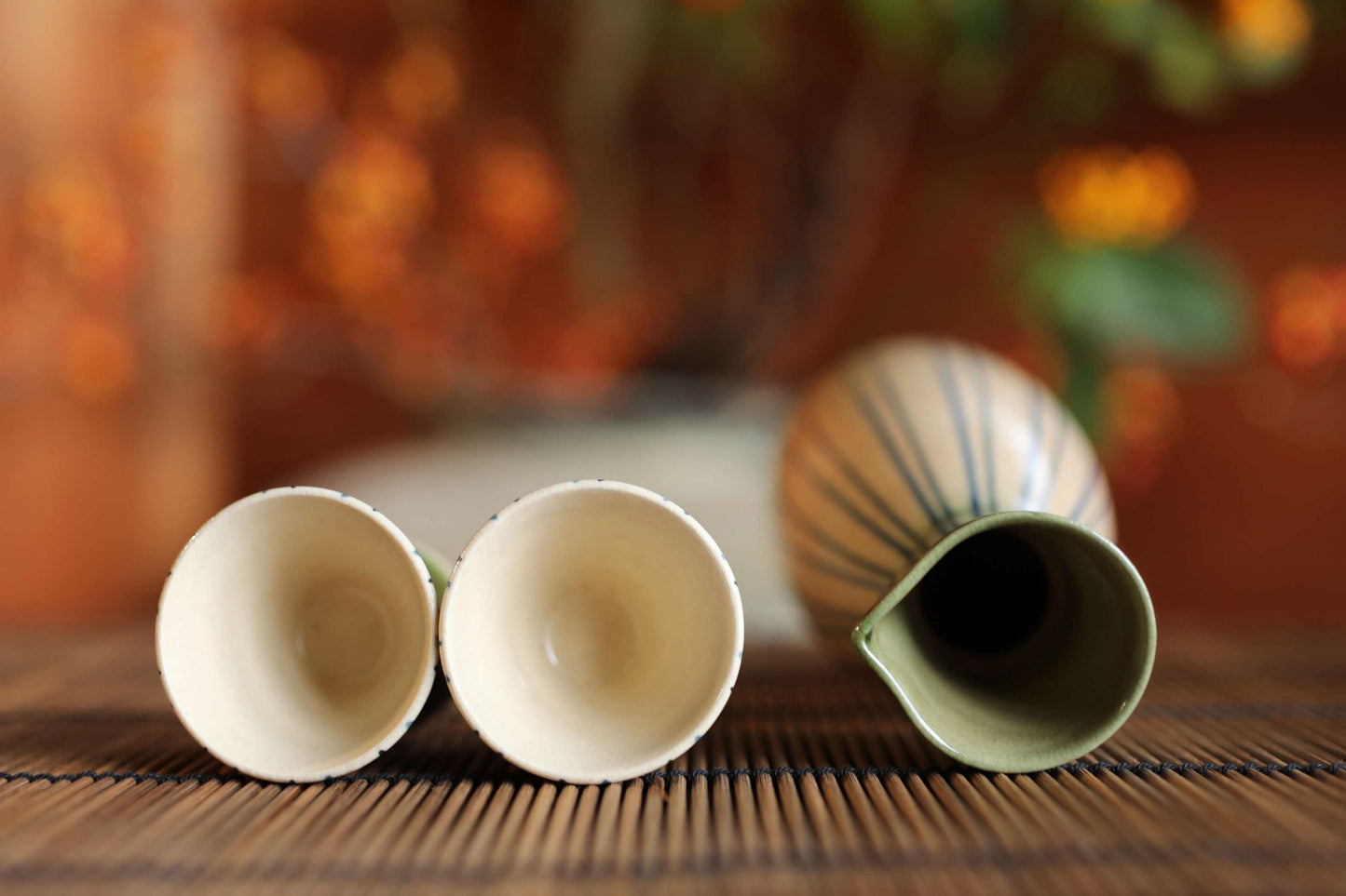 Oribe Vintage Sake Set - Signed Ceramic Tokkuri Bottle with Wooden Tray