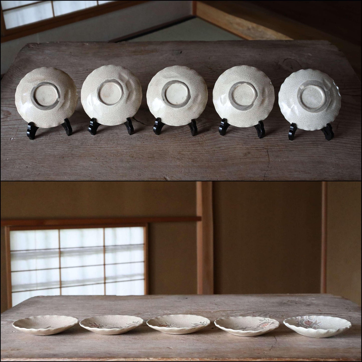 Shino Plates Set - Japanese Antique Tableware | Bird Pomegranate Design, 5 Handmade Ceramic Plates