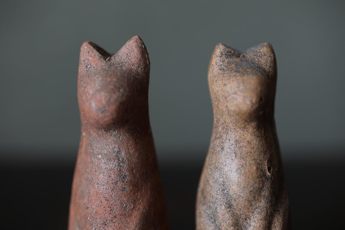 Japanese Antiques KITSUNE Dolls, Imado-yaki Pottery Pair (H3.7in)