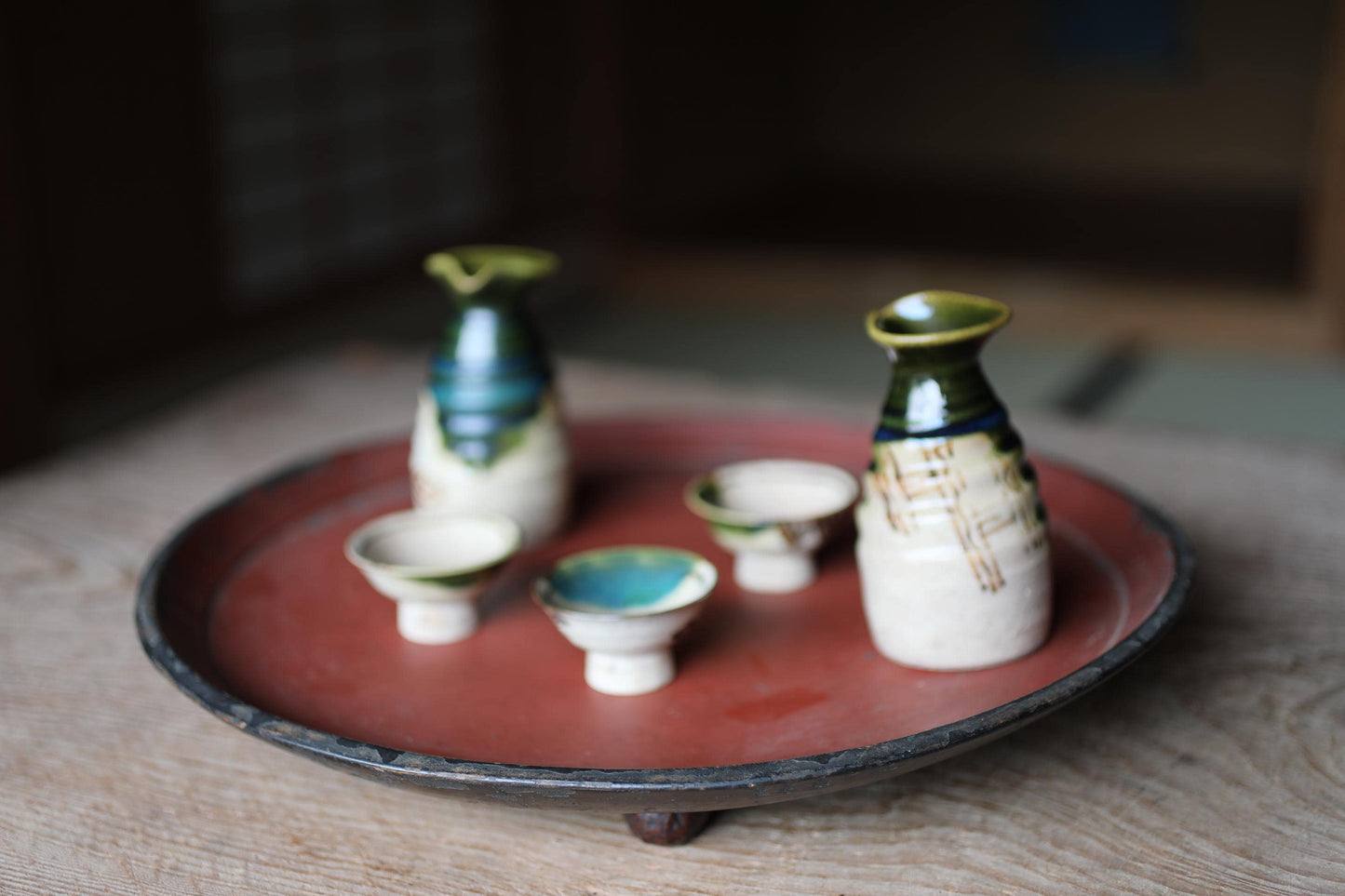 Japanese Lacquer Tray - Antique Obon Round Wooden Tray with Walnut Legs