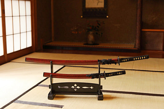 Katana Sword Rack - Vintage Black Lacquer Double Tier Samurai Sword Stand W17.9in