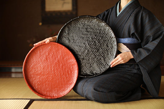Vintage Bamboo Trays – Hand Woven Japanese Red Black Lacquer Stackable Pair