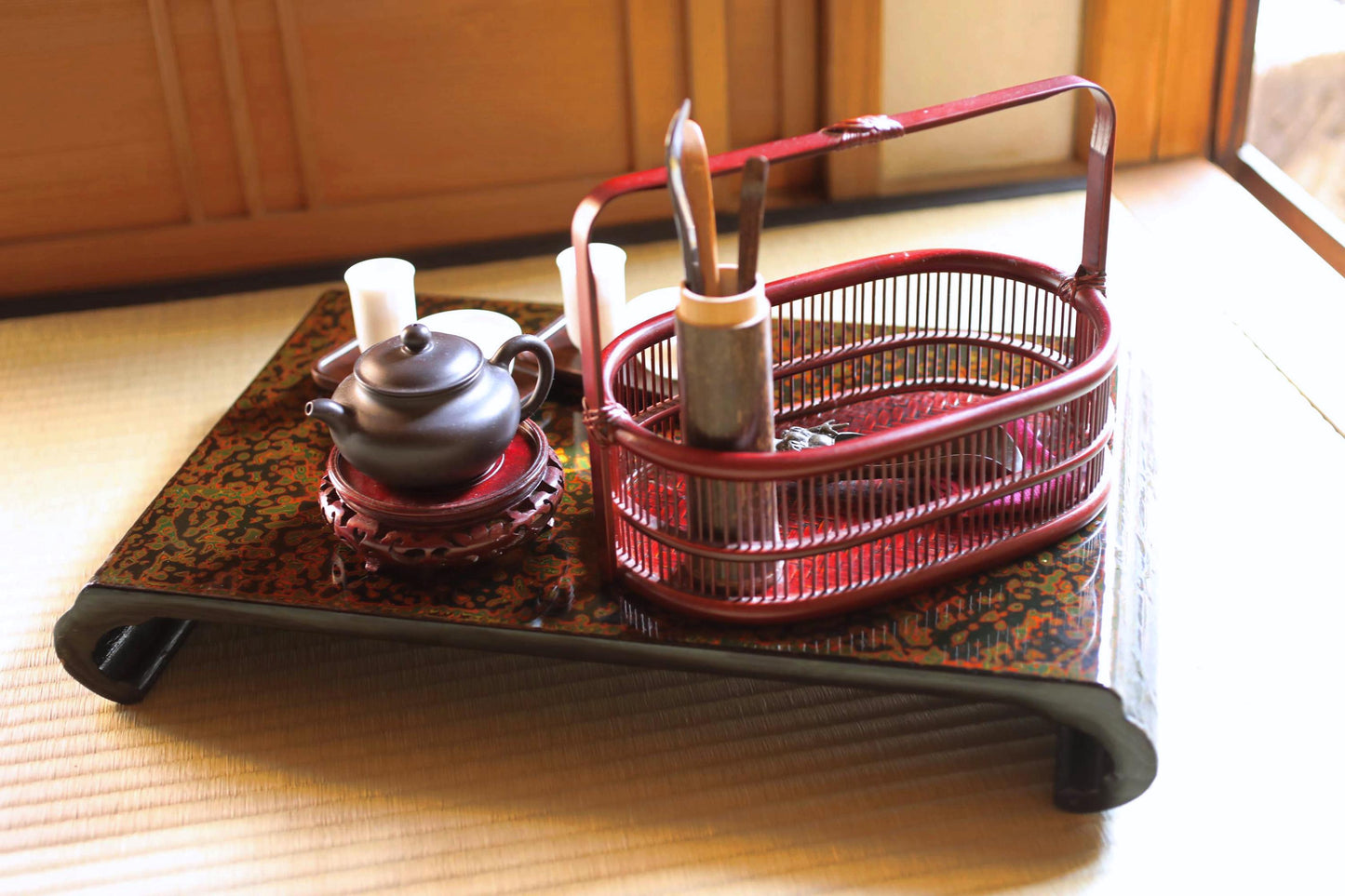 Tsugaru Lacquer Tray Stand – Antique Japanese Lacquerware Display With Mother-Of-Pearl Inlay
