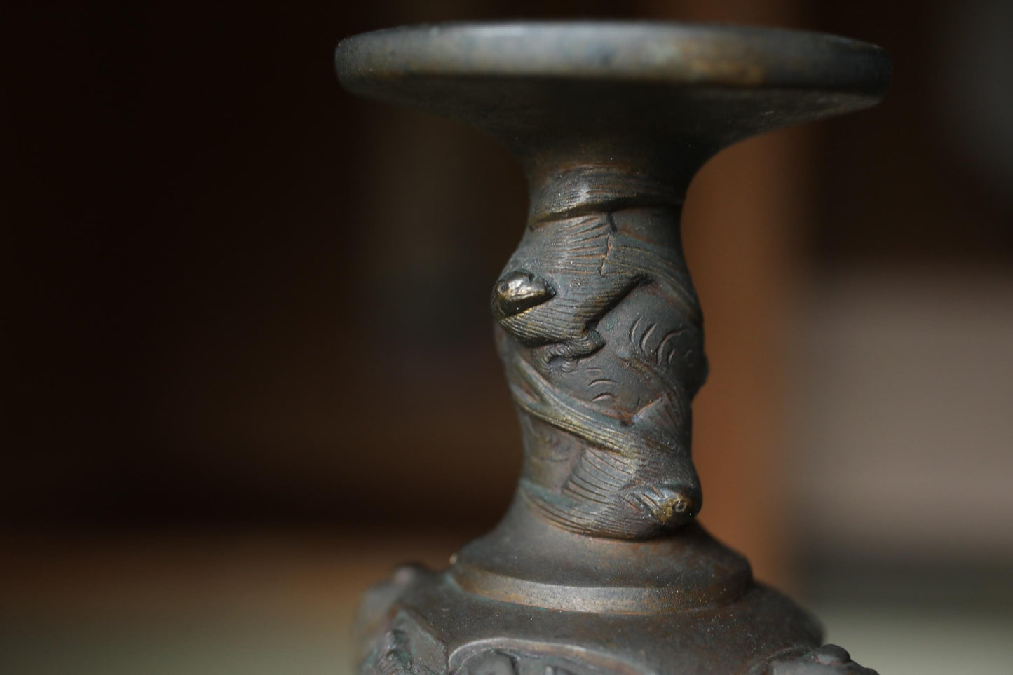 Antique Brass Candlestick Japanese Animal Motif Cast Metal Pillar Candle Holder