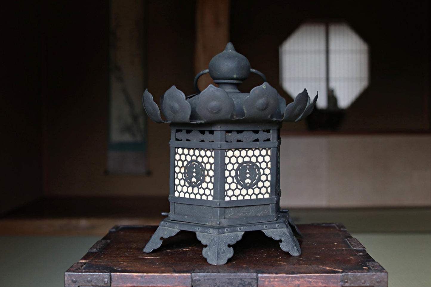 Japanese Buddhist Lantern - Antique Bronze Hanging Temple Lantern with Lotus Flower Design