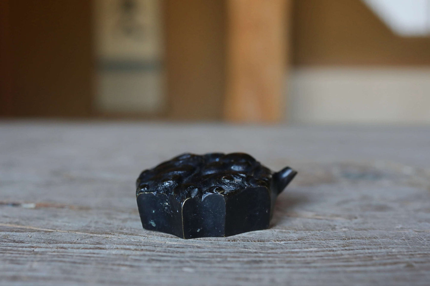 Antique Demon Water Dropper - Japanese Bronze Ink Container With Demon Face Motif