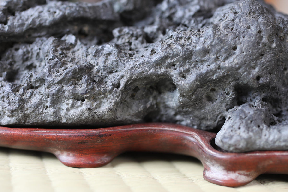 A close-up image of a rock formation, possibly a piece of lava rock, resting on a wooden base.