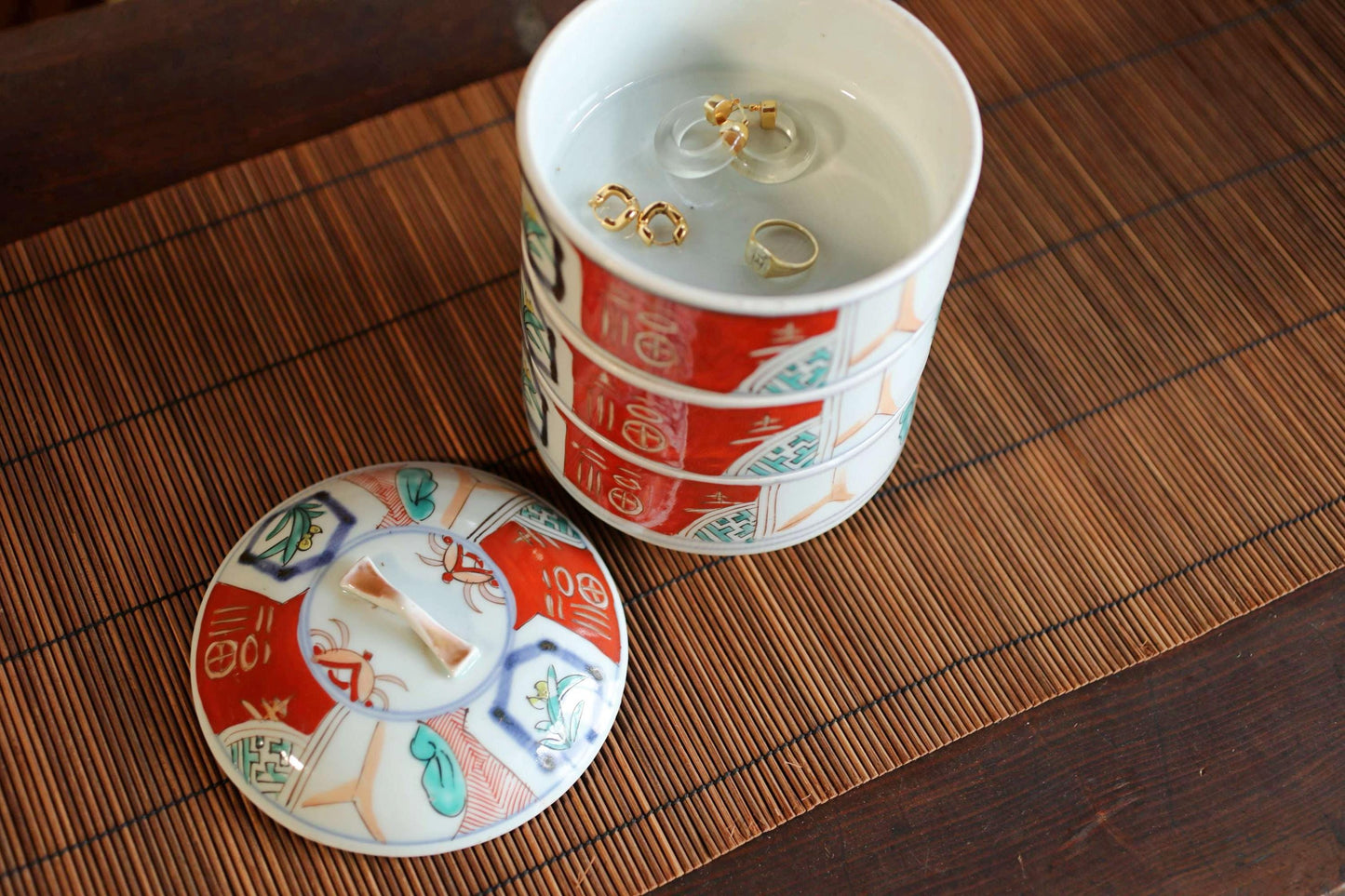Jubako- Antique Porcelain Box, Seaweed Pattern, Stacking Ceramic Container