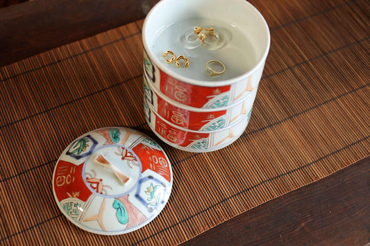 Jubako- Antique Porcelain Box, Seaweed Pattern, Stacking Ceramic Container
