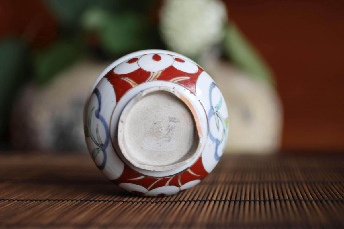 A decorative ceramic bowl with a red and white floral pattern sits on a wooden surface, with a blurred background suggesting a natural setting.