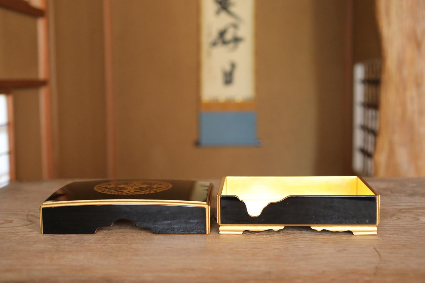 Japanese Lacquer Box - Maki-e Gold Wisteria Crest | Buddhist Sutra Storage