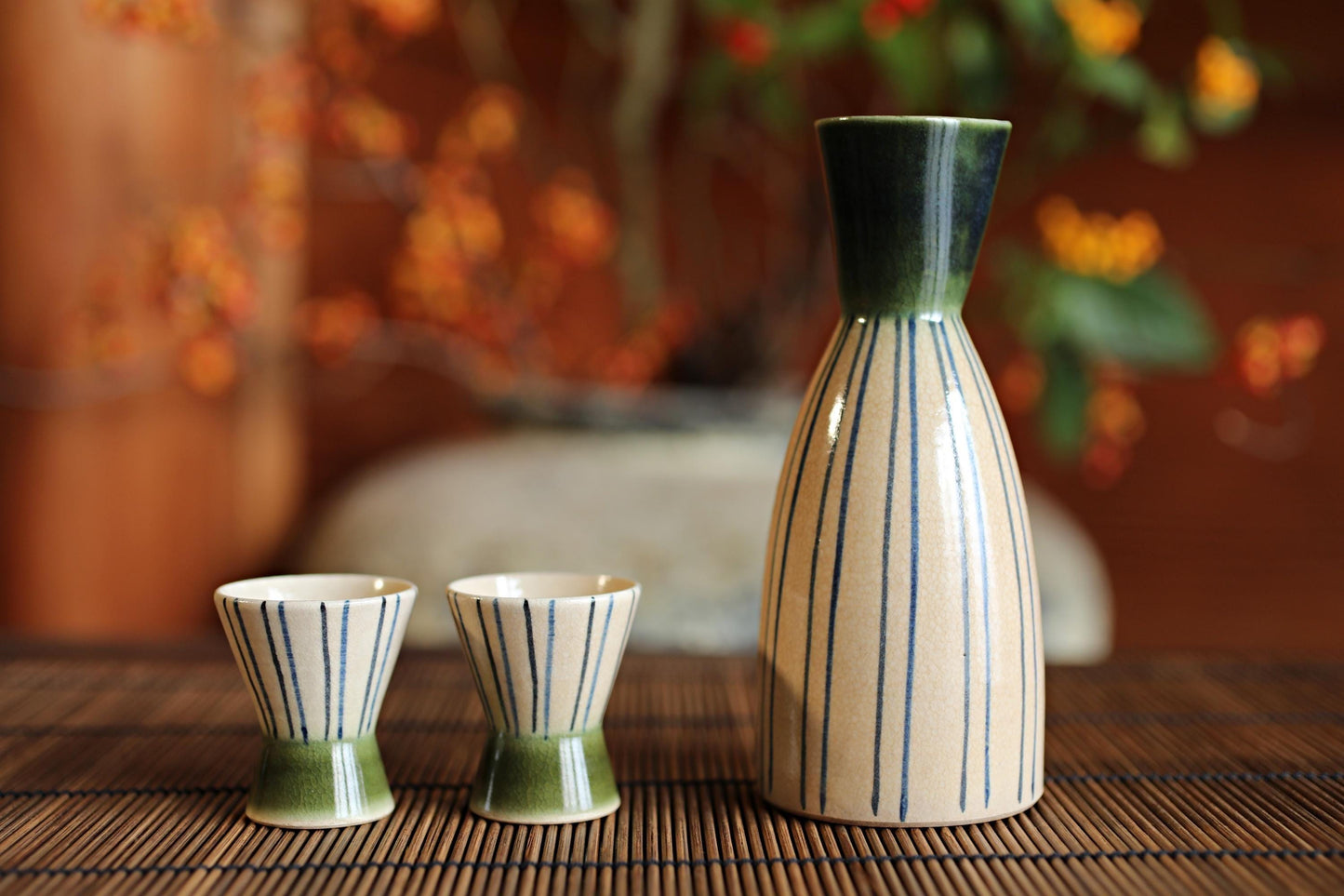 Oribe Vintage Sake Set - Signed Ceramic Tokkuri Bottle with Wooden Tray