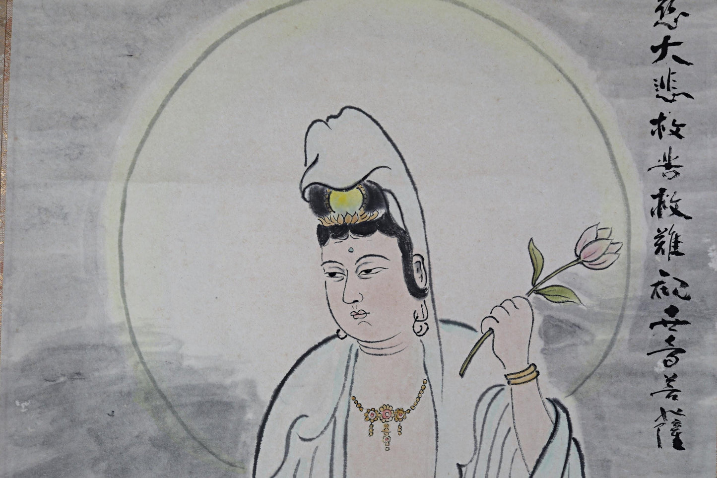 Japanese Kakejiku Scroll – Vintage Silk Painting Kannon Bodhisattva Dragon Zen Artwork