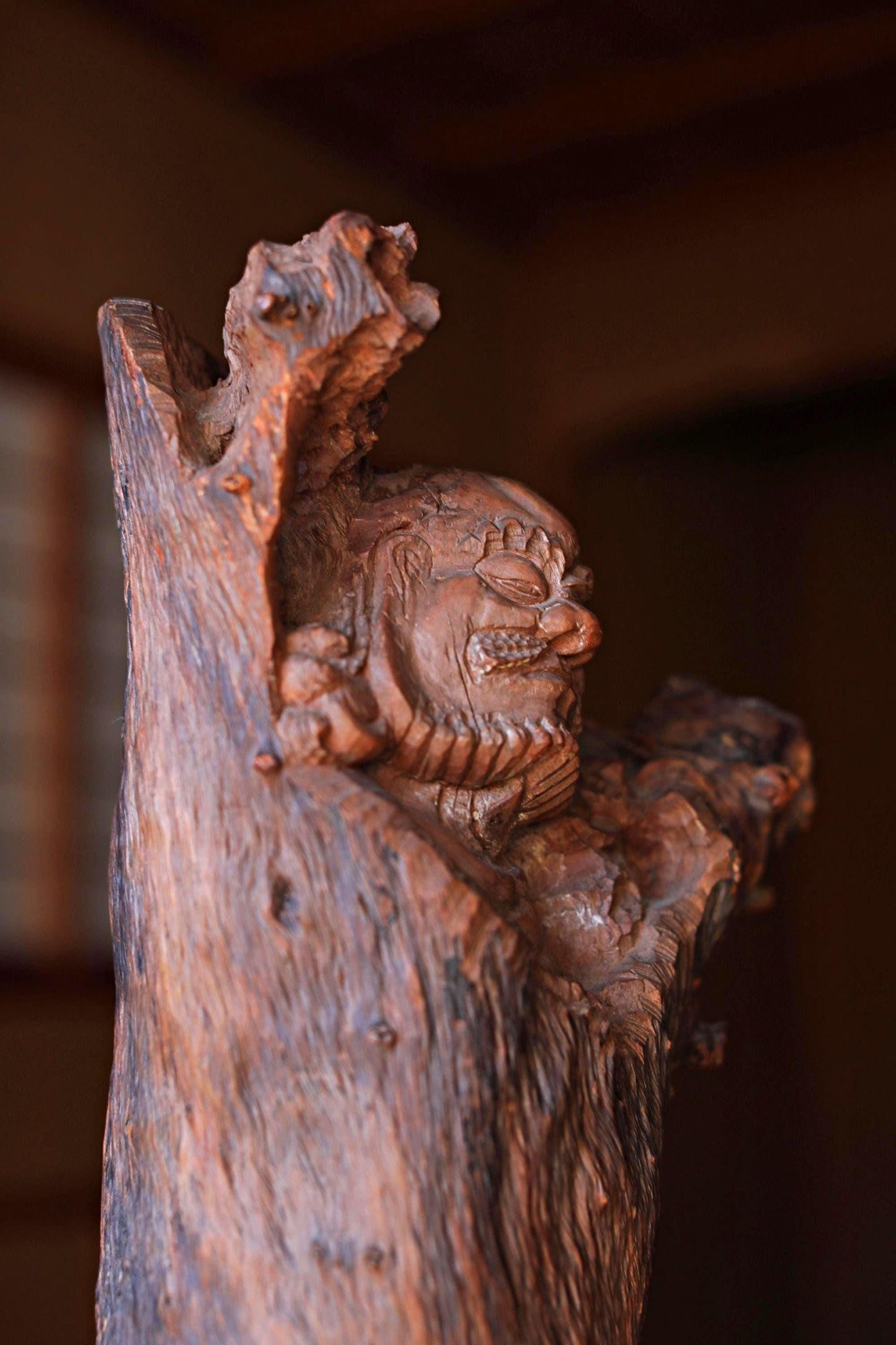 Japanese Daruma Sculpture - Large Hand Carved Wood Burl Art Zen Buddhist Statue