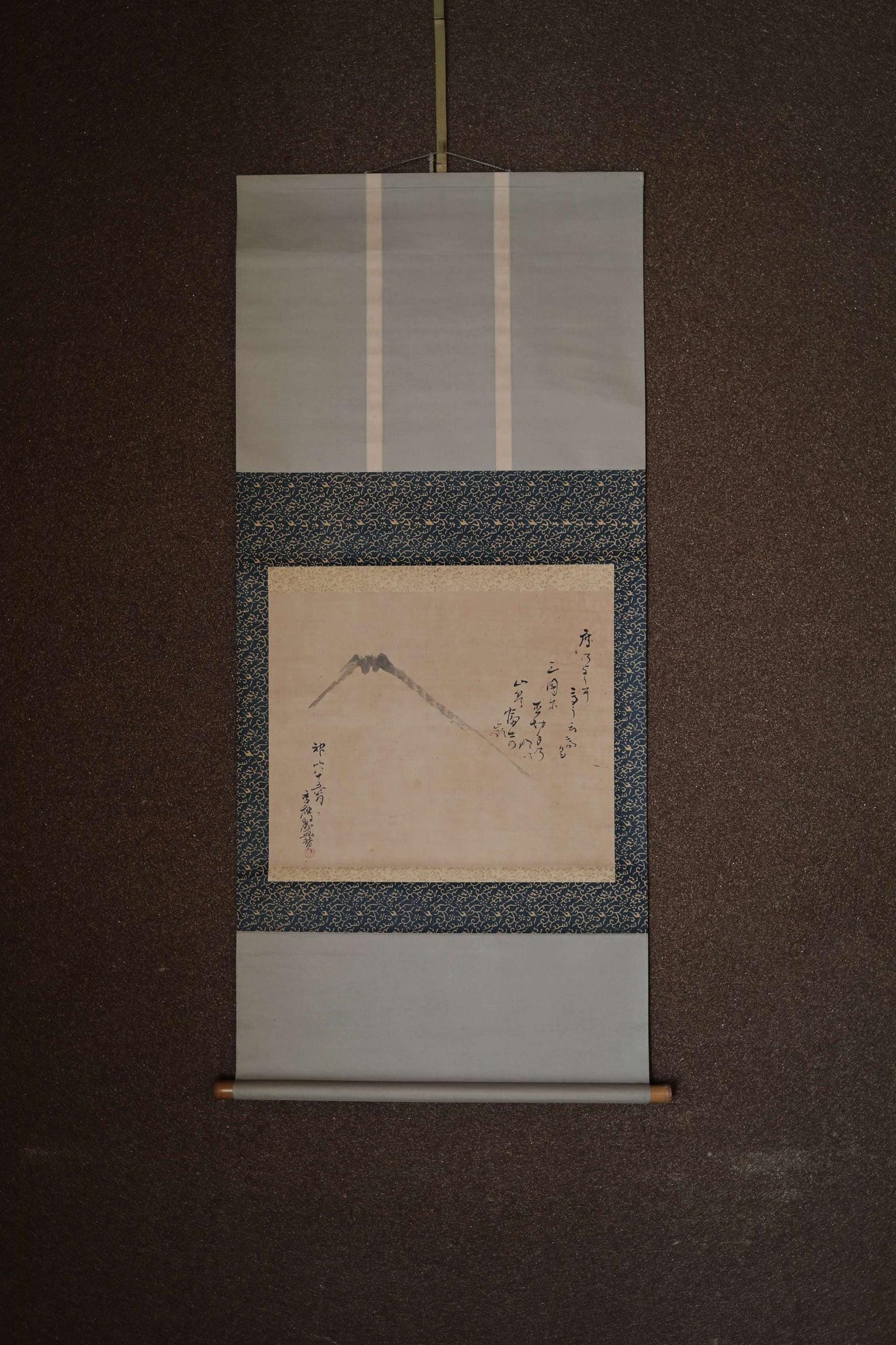 Antique Japanese Zen Scroll – Mt Fuji Ink Painting with Kanji Calligraphy & Bamboo Rollers