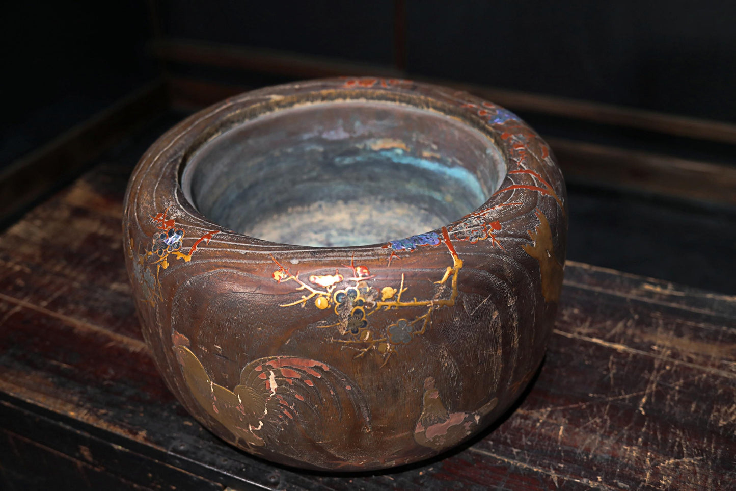 Antique Japanese Hibachi | Traditional Charcoal Brazier with Makie Quail & Plum Blossom Inlay