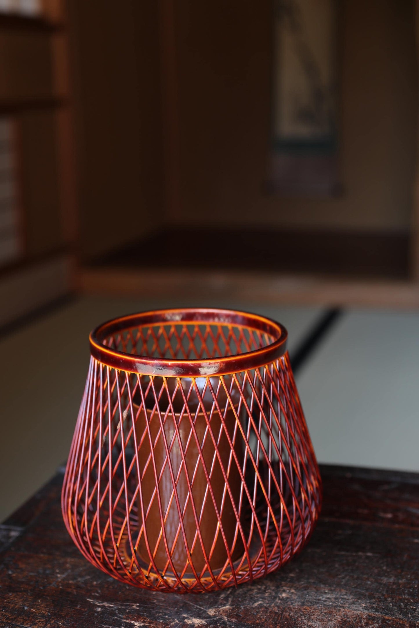 Japanese Bamboo Basket - Vintage Woven Bamboo Vase with Ceramic Ikebana Holder
