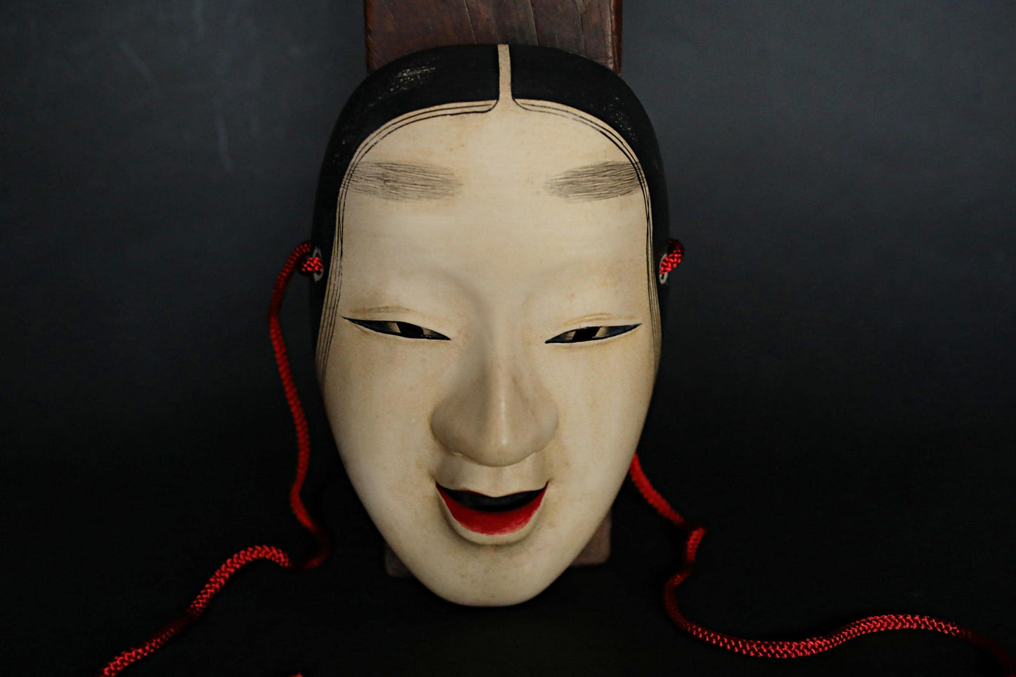 Japanese Noh Mask - Magojirō Signed Wood Carving | Elegant Wall Ornament with Silk Bag