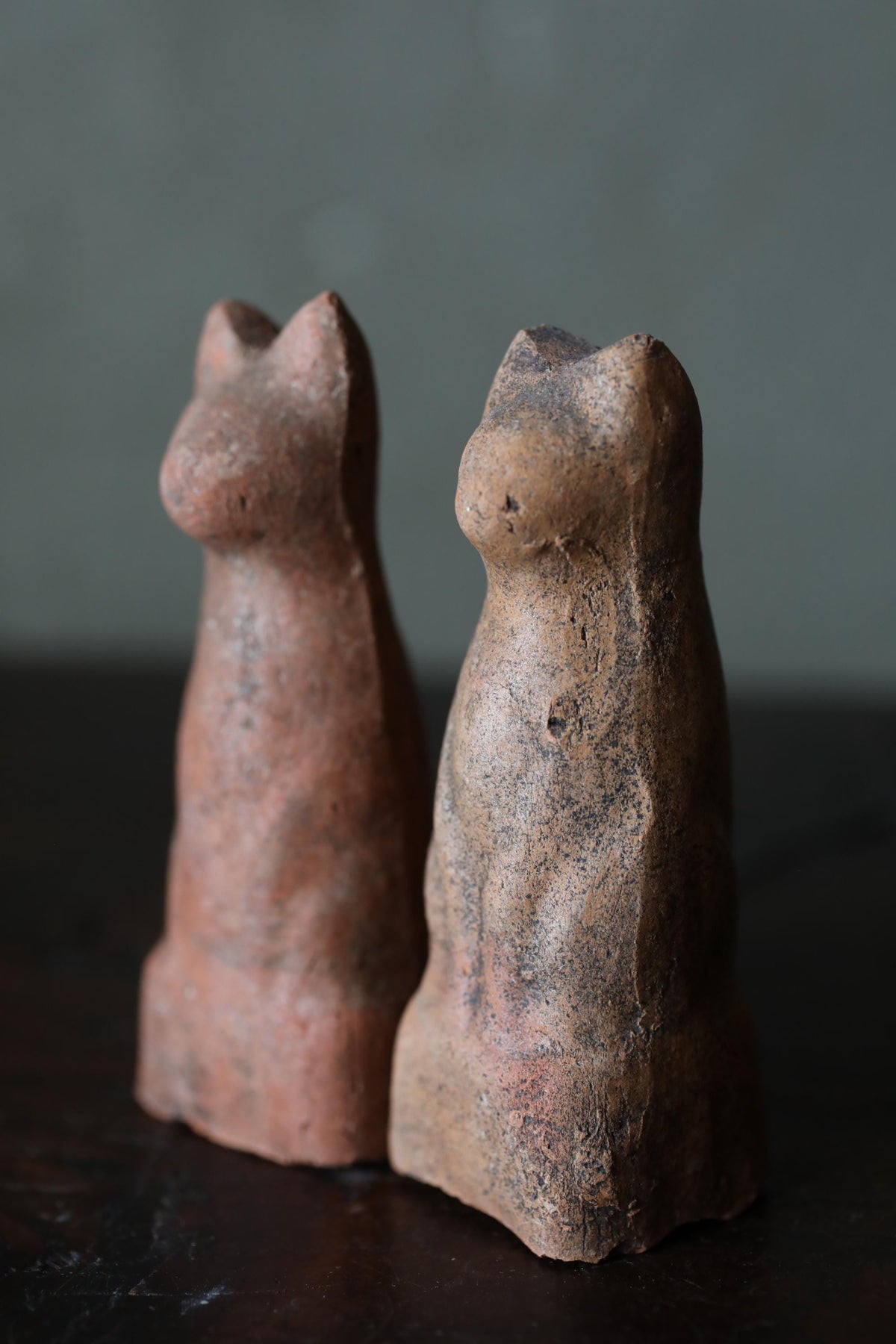 Japanese Antiques KITSUNE Dolls, Imado-yaki Pottery Pair (H3.7in)