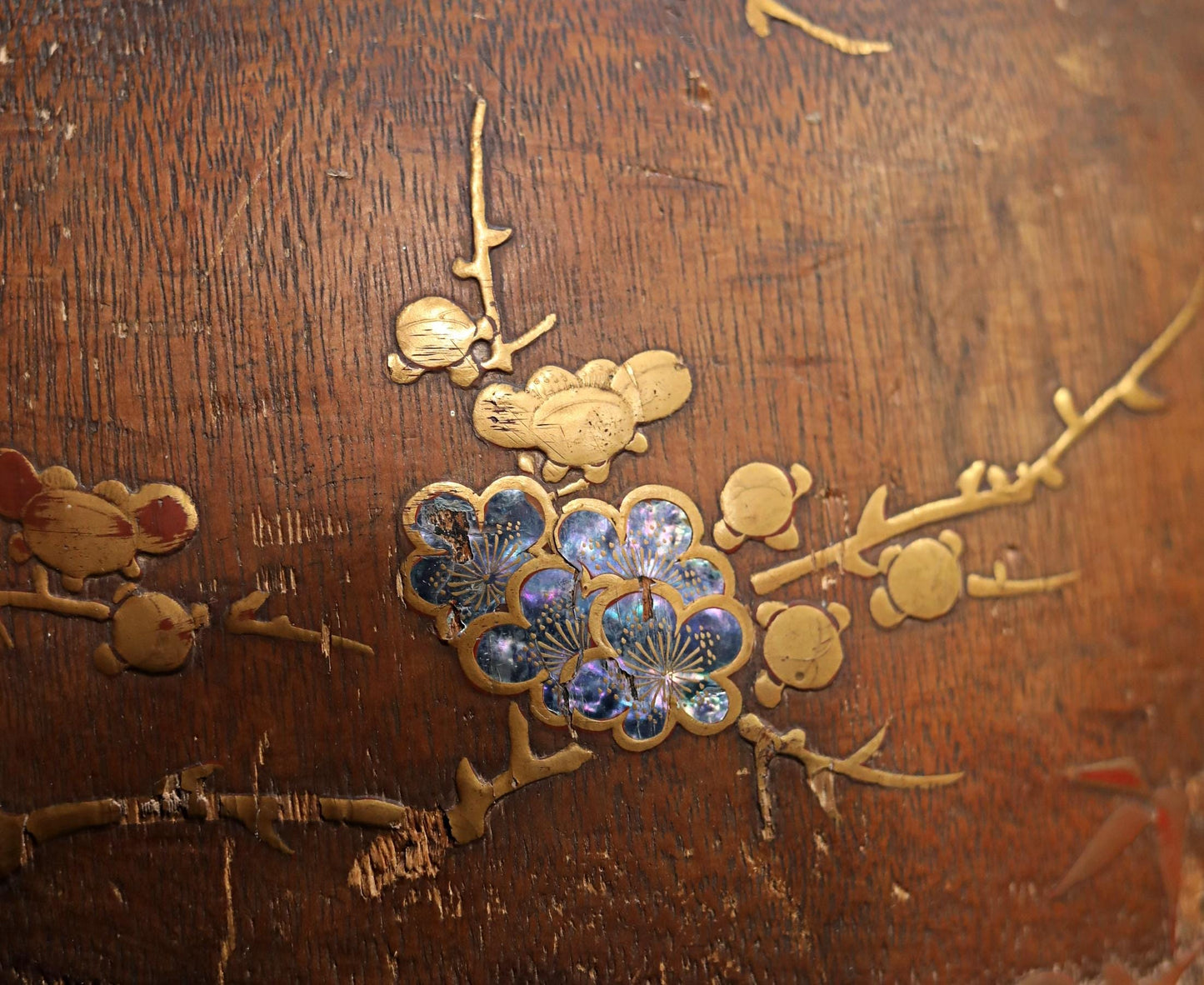 Antique Japanese Hibachi | Traditional Charcoal Brazier with Makie Quail & Plum Blossom Inlay