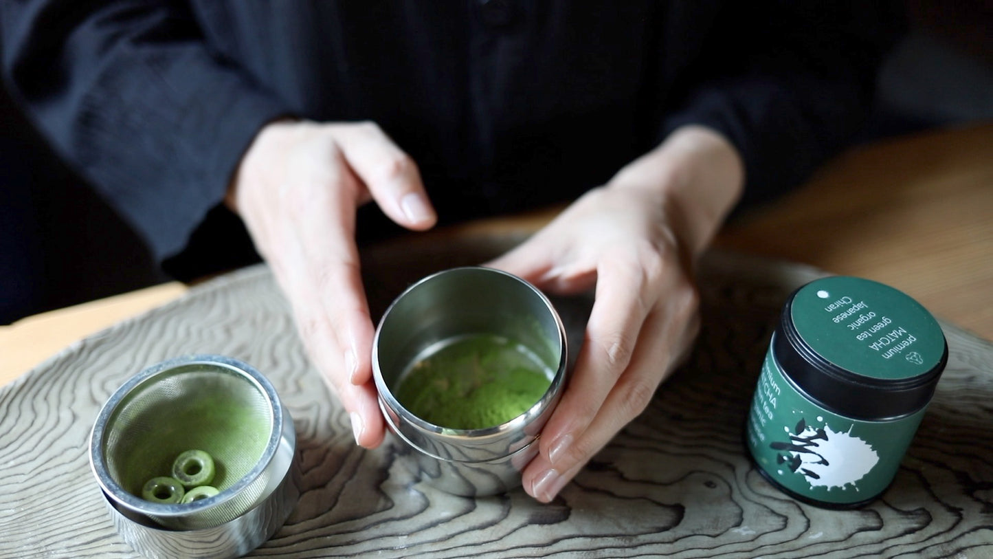 SET! Organic Matcha 1.1oz / 30g and sifter/strainer for Tea ceremony Easily creates smooth matcha Compatible stainless Canister