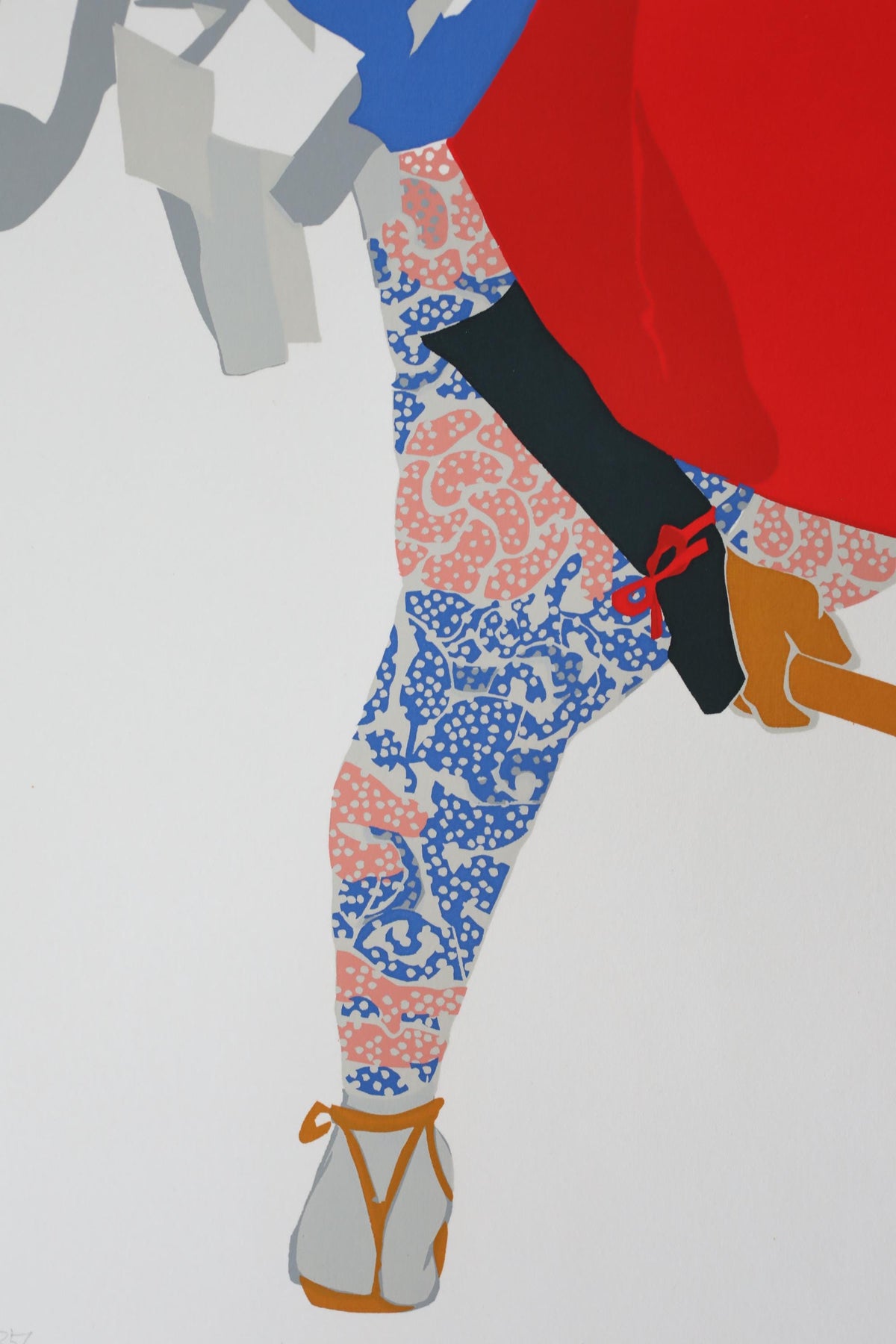 The image is a stylized representation of a person's leg and foot wearing colorful, patterned pants and shoes.