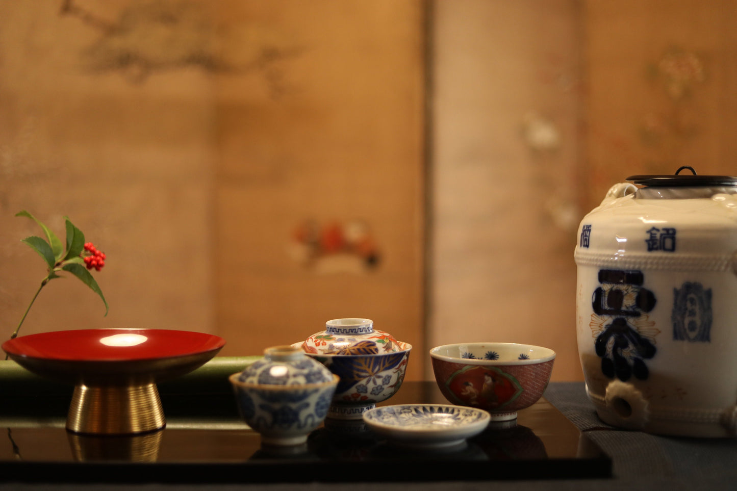 Antique Sake Jar – Japanese Porcelain Bottle with Masamune Calligraphy, Indigo Blue