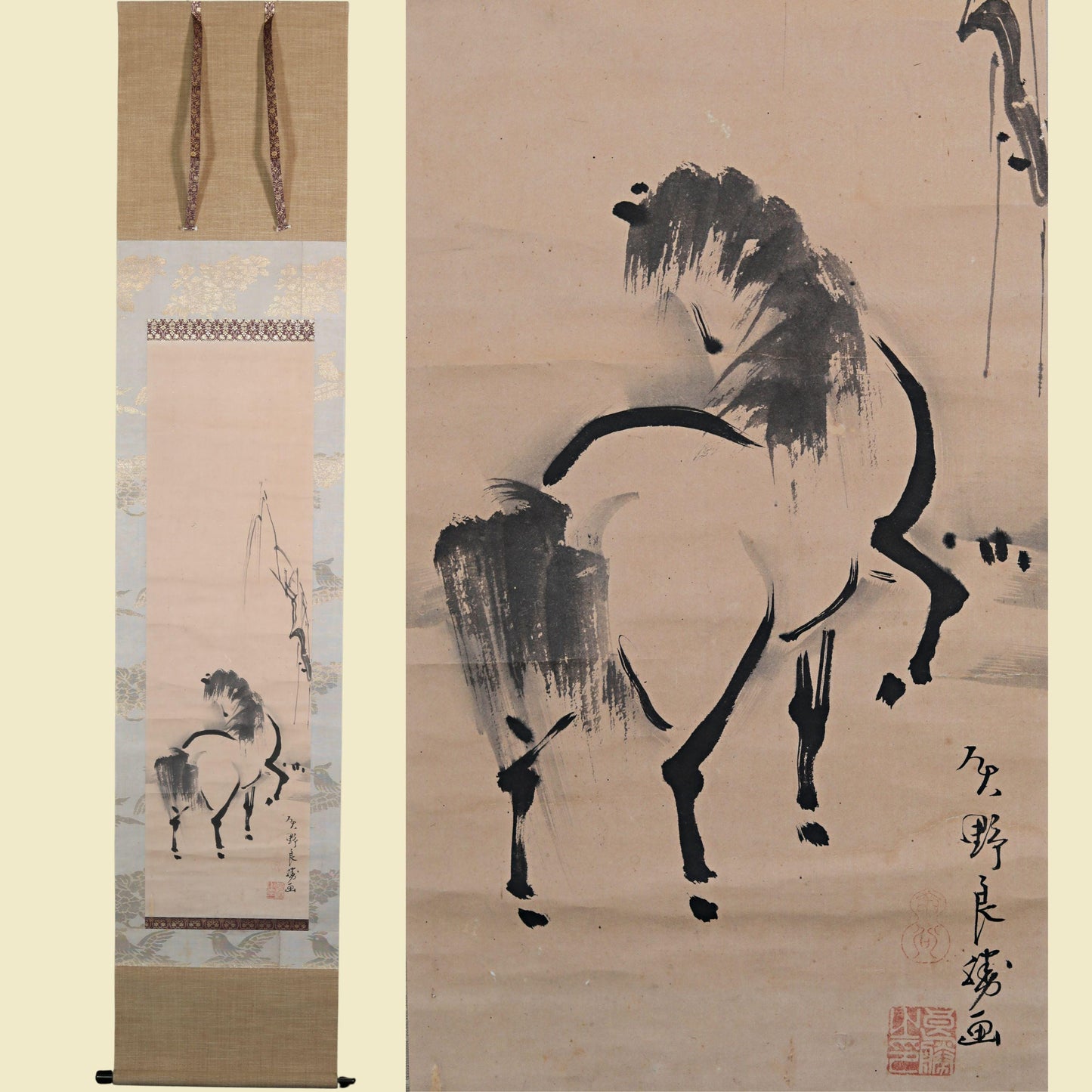 Japanese Hanging Scroll - Antique Edo Period Horse Ink Painting by Yano Ryoushou
