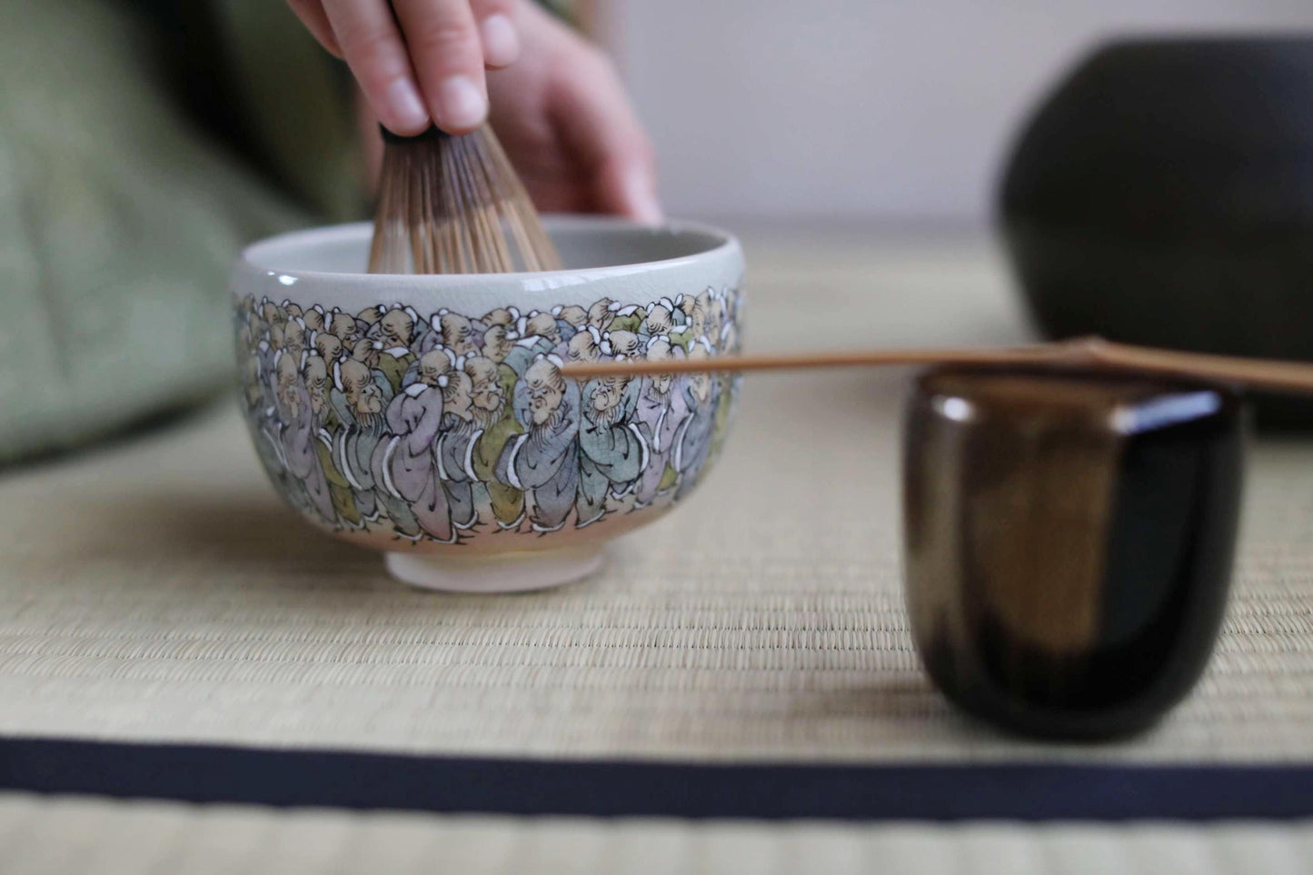Japanese Vintage Chawan | Fine Art Pottery Matcha Bowl - Longevity Zen Gift with Jurōjin Motif