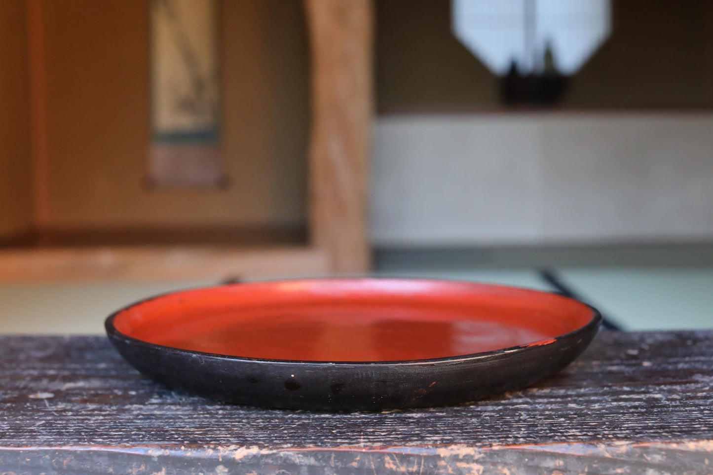 Japanese Lacquer Tray - Antique Negoro Style Obon Round Tea Tray with Vermilion Patina