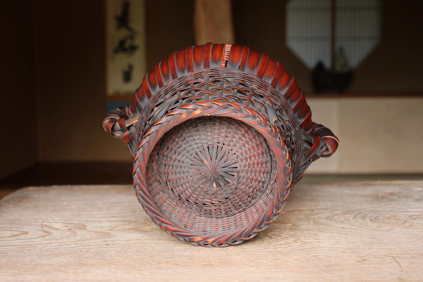 Japanese Bamboo Basket - Large Vintage Woven Vase | Smoke Stained Bamboo Ikebana