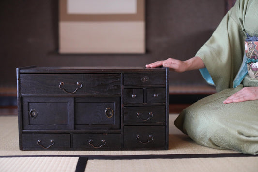 Japanese Antique Tansu Chest - Black Wood Eight Drawer Chest With Metal Clasp