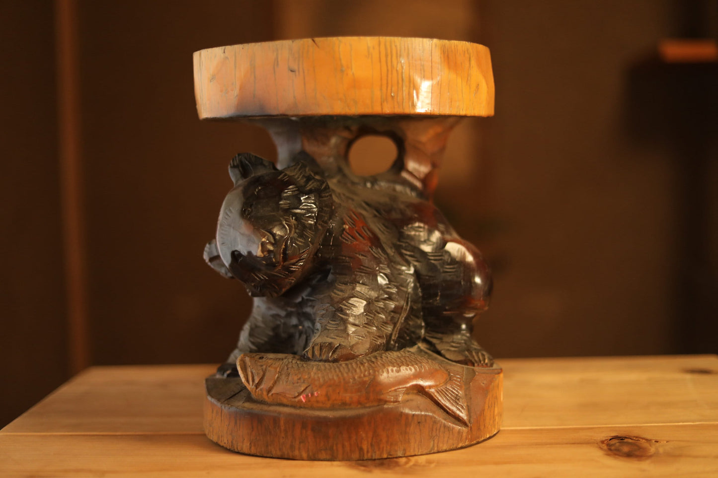 Vintage Wood Bear Sculpture - Hand Carved Japanese Wooden Bear Figurine Pedestal