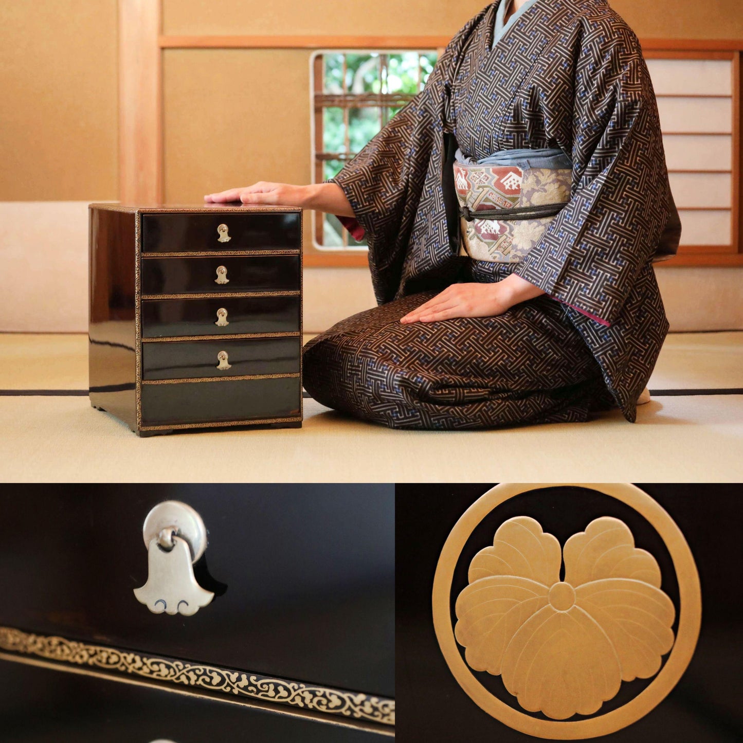 Tansu Chest: Black Lacquer Japanese Temple Chest With Gold Makie Family Crest & Glossy Finish