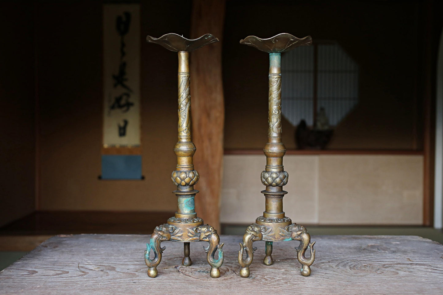 Antique Brass Candlestick Pair - Japanese Dragon Lotus Design With Lion Head Base