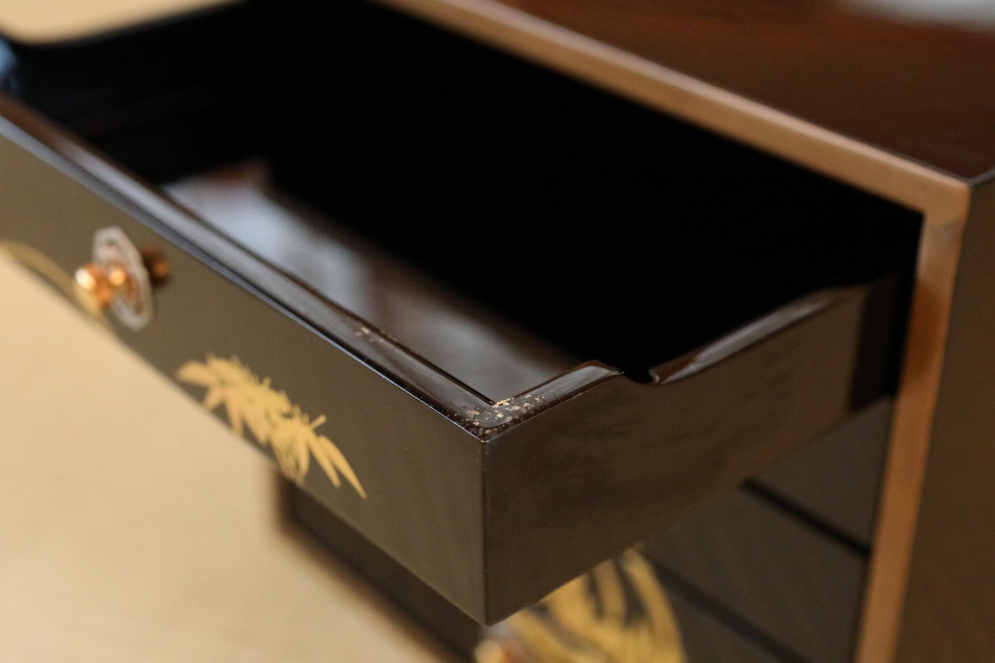 Vintage Tansu Chest - Black Lacquer Chest With Gold Makie Design | Five Drawer Japanese Antique Furniture