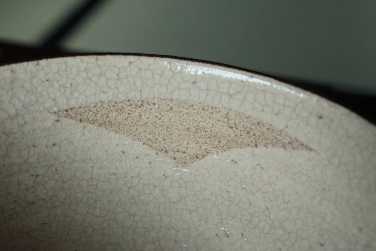 A close-up image of a white ceramic bowl with a small crack or chip visible on the surface.