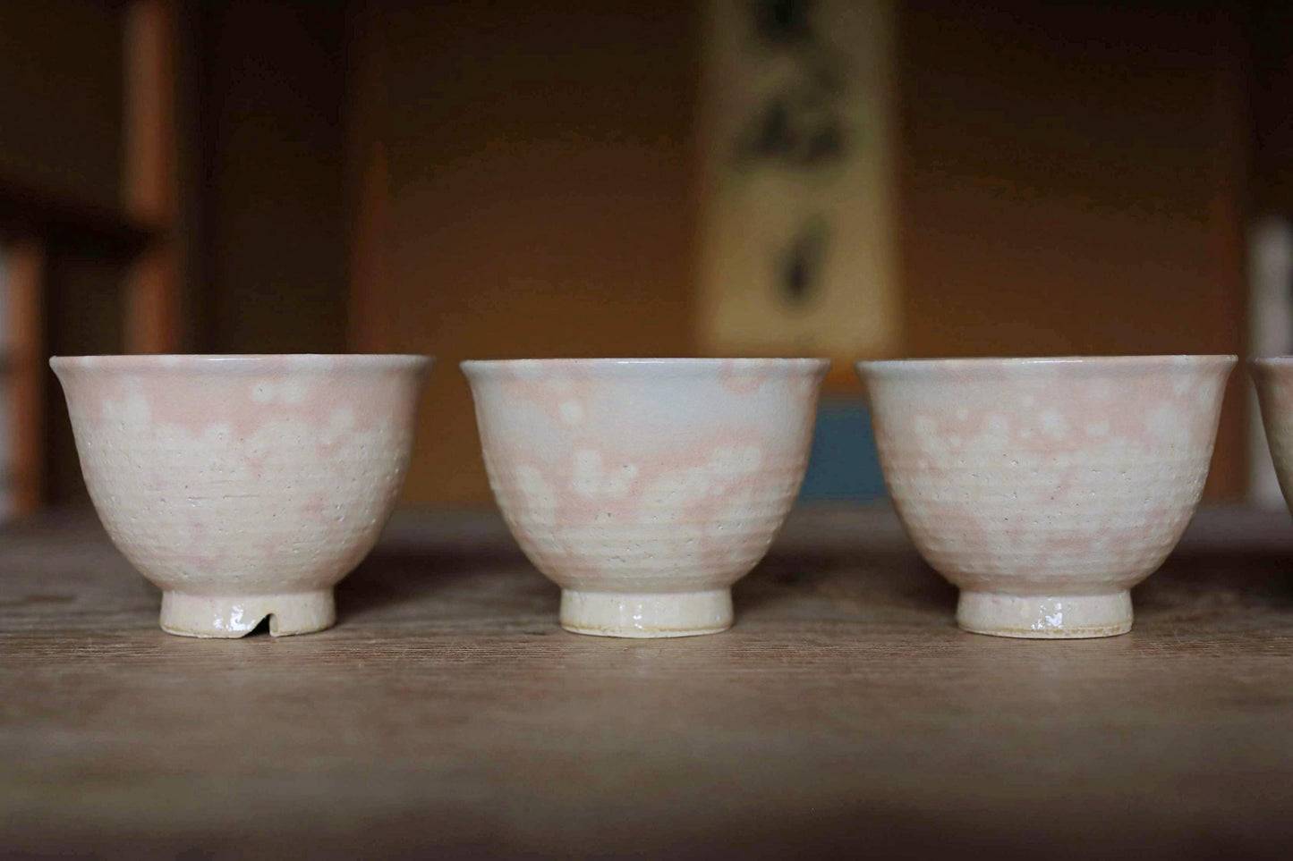 Vintage Hagi Ware Tea Cups - Set of Five Handmade Ceramic Yunomi Cups with Wooden Box