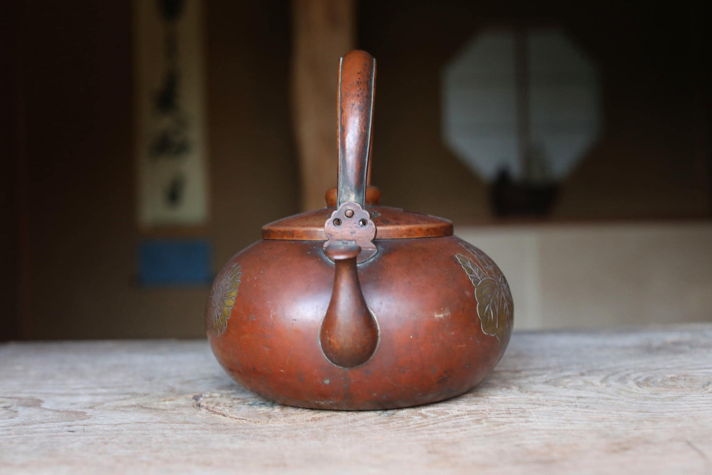 Antique Copper Kettle - Large Japanese Tea Pot With Chrysanthemum & Paulownia Design
