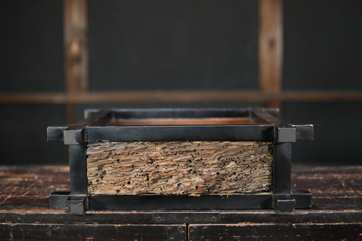 Japanese Hibachi Brazier | Antique Wood Lacquer Hibachi With Bronze Suiban Vase For Ikebana