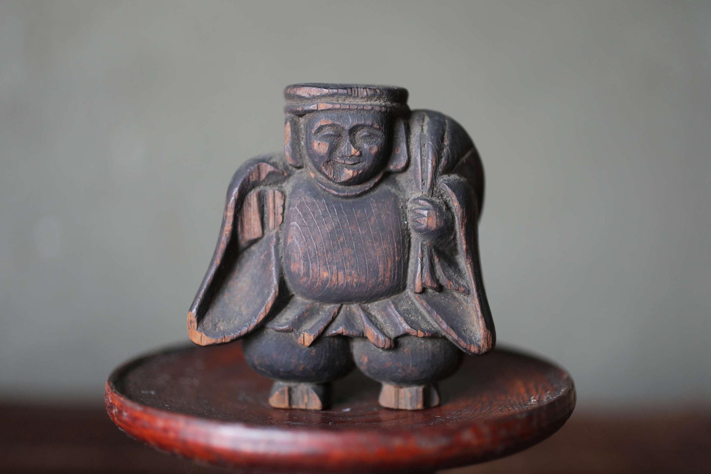 Daikoku Wooden Statue – Antique Edo Period Carving | Hand Carved Mascot With Susuke Patina