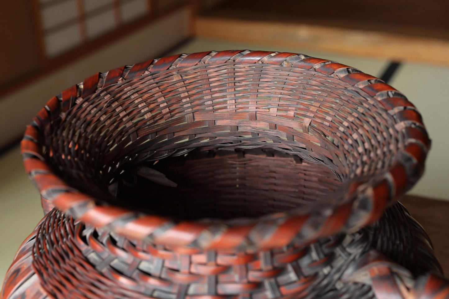 Japanese Bamboo Basket - Large Vintage Woven Vase | Smoke Stained Bamboo Ikebana