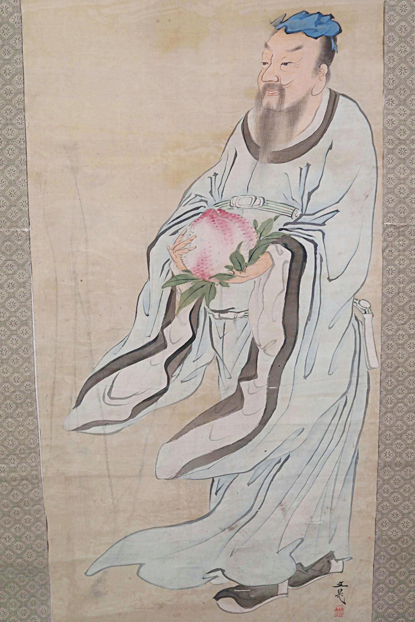 Japanese Antique Scroll - Signed Kakejiku Hermit Zen Painting With Peach Symbol