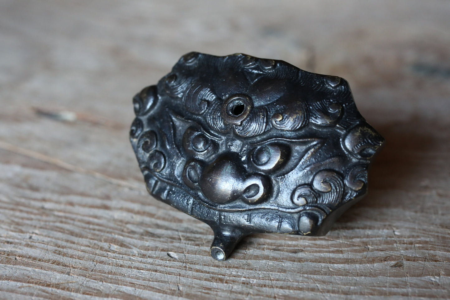 Antique Demon Water Dropper - Japanese Bronze Ink Container With Demon Face Motif