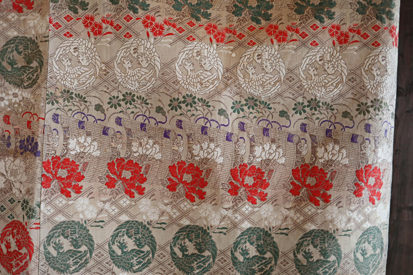 Japanese Silk Textile – Antique Taisho Era Phoenix Floral Tapestry Wall Hanging