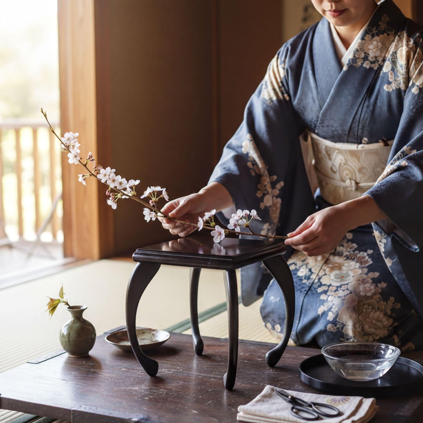 A person in a blue and white kimono is carefully arranging a branch of white flowers on a small wooden table, using a pair of scissors to trim the stems.