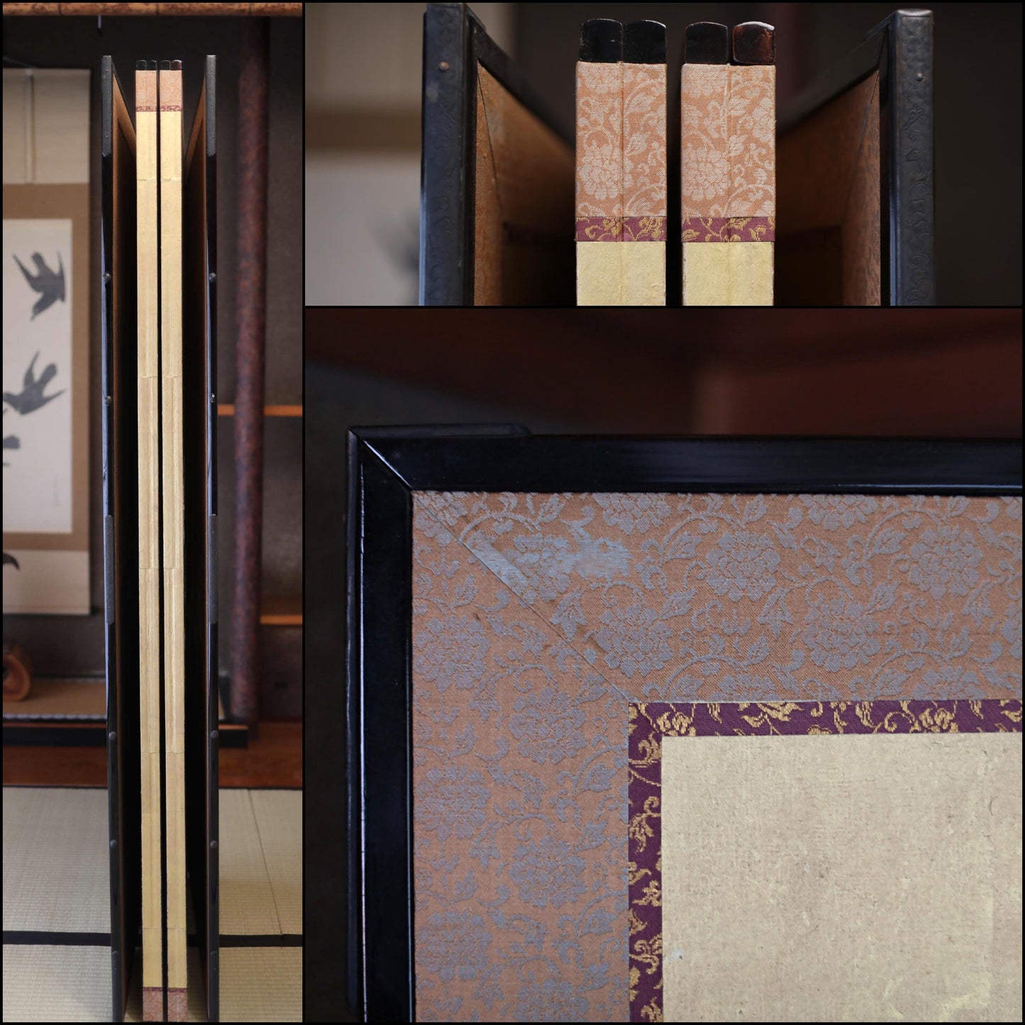 The image is a collage of various framed items, including books, a picture frame, and a wall hanging. The collage features a close-up view of the frame, a close-up view of the books, and a close-up view of the wall hanging. The collage does not contain any text, and the focus is on the different elements and their arrangement.